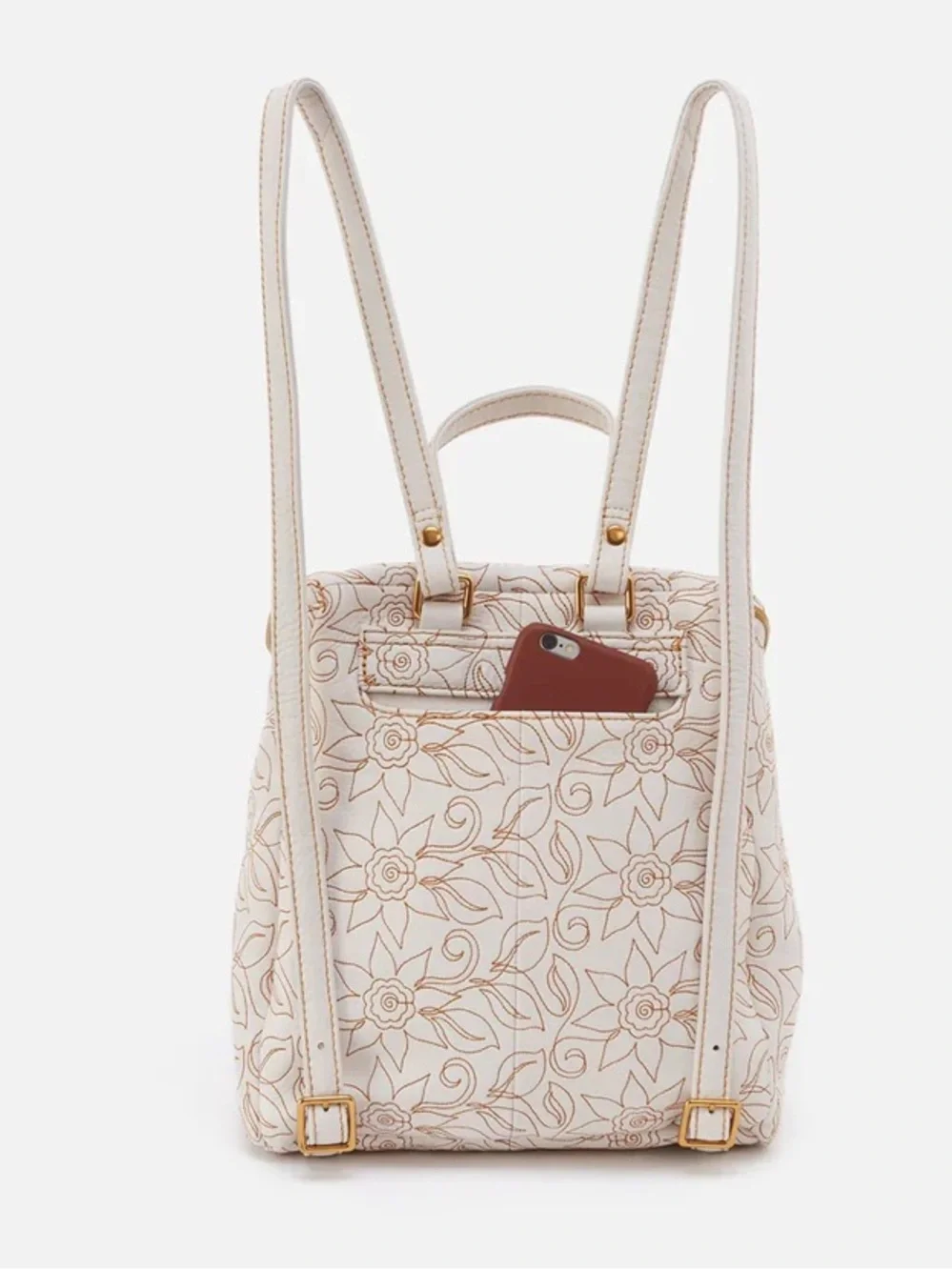 Hobo Embroidered Floral Leather Backpack - Cream